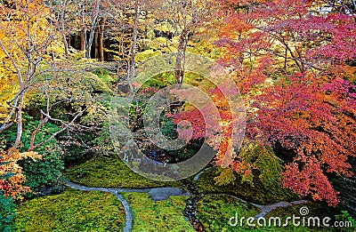 Autumn scenery of a beautiful Japanese garden ~ Aerial view of colorful maple trees in the garden of a famous Buddhist temple in K Stock Photo