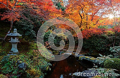 Autumn scenery of beautiful maple trees in a peaceful ambiance with a traditional stone lantern Stock Photo