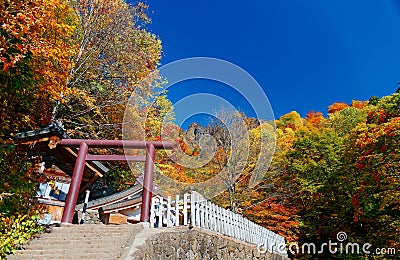 Autumn scenery of the entry Torii gate to a shrine in Togakushi Jinja, a famous Shinto Temple in Nagano, Japan Stock Photo