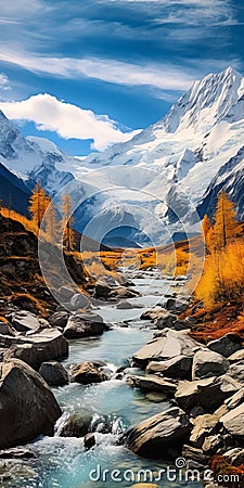 Spectacular Autumn River In Mountainscape With Y2k Aesthetic Stock Photo