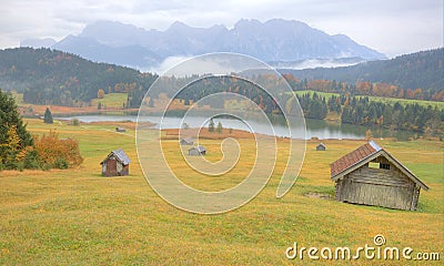 Autumn scenery of Lake Geroldsee in a foggy morning Stock Photo