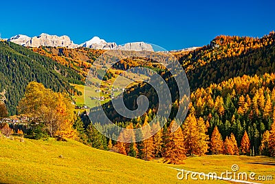 Autumn scenery with mountain hills and yellow trees illuminated by sun. Alta Badia, Dolomite Alps, Italy Stock Photo