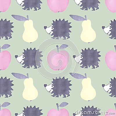 Autumn seamless hedgehog and pears and apples pattern for fabrics and packaging and gifts and kids Stock Photo