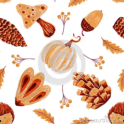 Autumn seamless patern with pumpkin, fall leaves, acorns Stock Photo