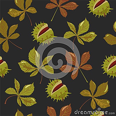 Autumn seamless pattern. Chestnuts with peels and leaves. Vector Illustration