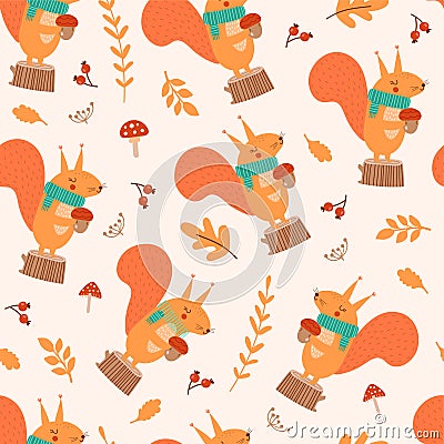 Autumn seamless pattern with cute squirrel, leaves, acorn, mushrooms. Vector illustrations Vector Illustration