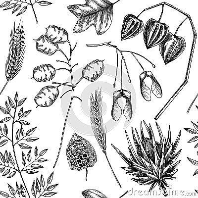 Autumn seamless pattern. Fall leaves background. Dried flowers sketches. Hand-drawn dried plant, fall leaves, mushrooms backdrop. Vector Illustration