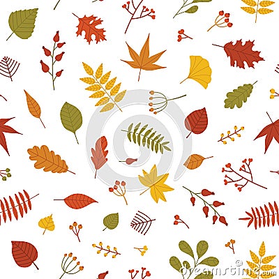 Autumn seamless pattern with fallen tree leaves and sprigs with berries on white background. Colorful natural autumnal Vector Illustration