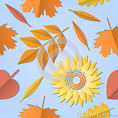Autumn seamless pattern with foliage, leaves, fall, sunflower. Paper cut out art, vector illustration, abstract Vector Illustration