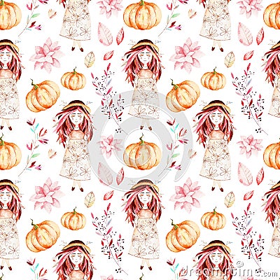 This autumn seamless pattern included sweet girl,autumn leaves,branches,flower,beautiful pumpkins. Stock Photo