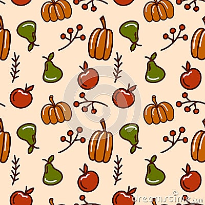 Autumn seamless pattern. Ingathering. Pumpkins, pears, and apples. Vector illustration. Ideal for use in textiles, paper Vector Illustration