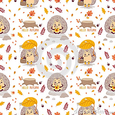 Autumn seamless pattern with leaves, mushrooms, cute hedgehogs. Vector Illustration