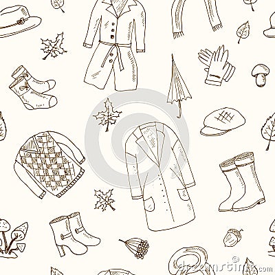 Autumn seamless pattern Set with oak leaves, shoes, clothing and umbrellas. Vector Illustration