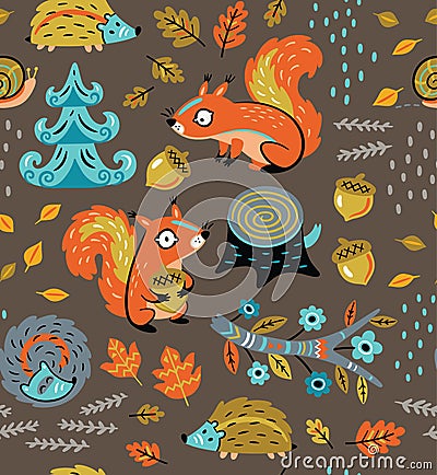 Autumn seamless pattern with squirrels, leaves, nuts and crew cut Vector Illustration