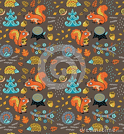 Autumn seamless pattern with squirrels, leaves, nuts and crew cut Vector Illustration