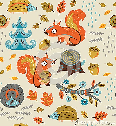 Autumn seamless pattern with squirrels, leaves, nuts and crew cut Vector Illustration