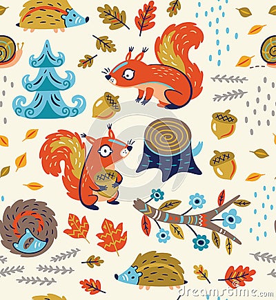 Autumn seamless pattern with squirrels, leaves, nuts and crew cut Vector Illustration