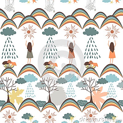 Autumn seamless pattern. Tribal vector backround with rainy clouds, rainbows, girls, rainy clouds, suns, trees, and Vector Illustration