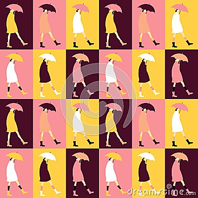 Autumn seamless pattern with woman with umbrella. Vector Illustration
