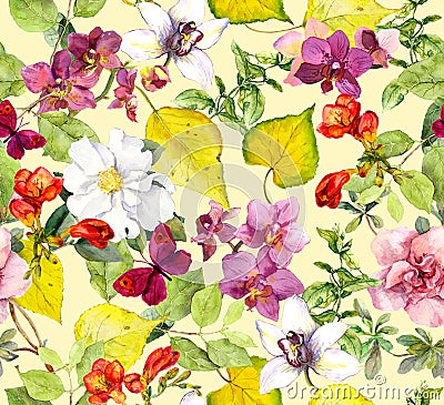 Autumn seamless pattern. Yellow leaves, flowers. Floral watercolor background Stock Photo