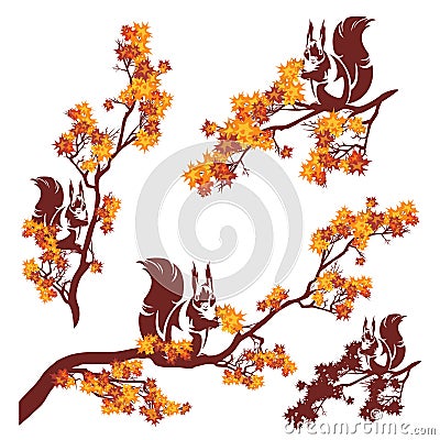 Autumn season bright foliage tree branches with sitting squirrel vector design set Vector Illustration