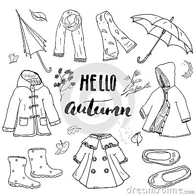 Autumn season clothes set. Hand drawn doodles and lettering vector illustration. Vector Illustration