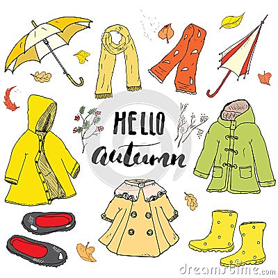 Autumn season clothes set. Hand drawn doodles and lettering vector illustration. Vector Illustration