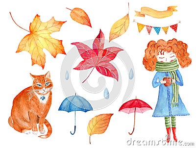 Autumn season decorative symbols watercolor raster illustrations set Cartoon Illustration