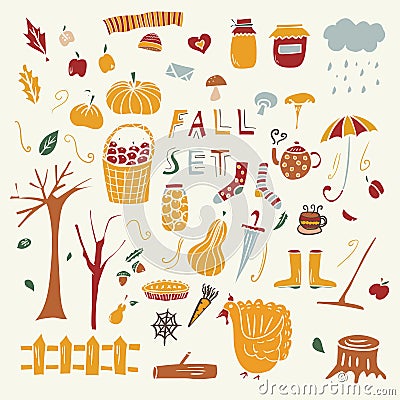 Autumn Season Fall Doodle Icons Hand Made Vector Art Design Color Vector Illustration