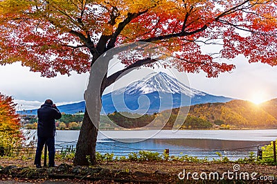 Autumn Season and Fuji mountain at Kawaguchiko lake, Japan. Photographer take a photo at Fuji mt Stock Photo