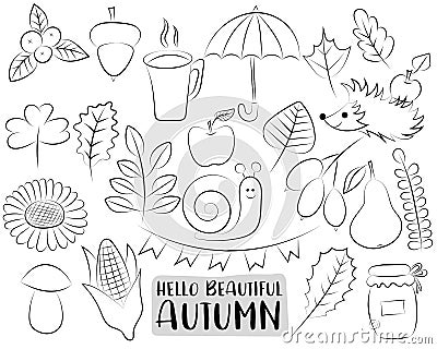 Autumn season icons set. Black and white hand drawn outline doodle objects. Coloring page kids game. Vector Illustration