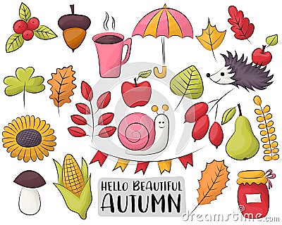 Autumn season icons set. Colorful hand drawn fall doodle objects. Vector Illustration