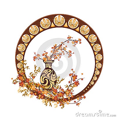 Autumn season ikebana plant arrangemenet art nouveau style vector frame Vector Illustration