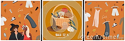 Autumn season sale, discounts. Set of cards with clothes, shoes, autumn and halloween elements, girls in witch costumes and basket Vector Illustration