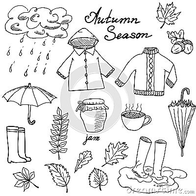 Autumn season set doodles elements. Hand drawn set with umprella cuo of hot tea, rain, rubber boots, clothes and leevs Vector Illustration