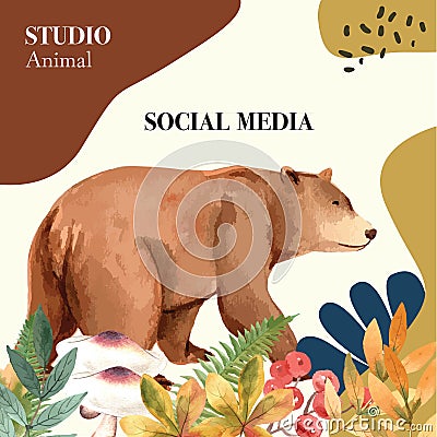 Autumn season social media frame layout with leaves and animal. greetings advertising promote , creative watercolor vector Vector Illustration