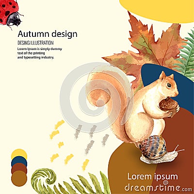 Autumn season social media frame layout with leaves and animal. greetings advertising promote , creative watercolor vector Vector Illustration