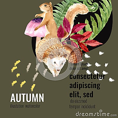 Autumn season social media frame layout with leaves and animal. greetings advertising promote , creative watercolor vector Cartoon Illustration