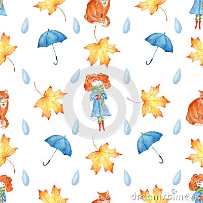 Autumn season symbols seamless watercolor raster pattern Cartoon Illustration