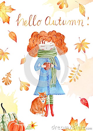 Autumn season watercolor raster banner, greeting card template Cartoon Illustration