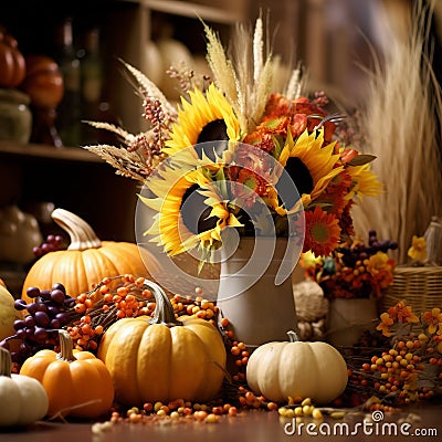 Autumn seasonal composition with a harvest of pumpkins, corn and sunflowers. Autumn still life Stock Photo