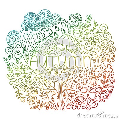 Autumn seasonal postcard. Doodle fall card with word autumn, floral elements, rain cloud and drops, tree fall, branches and leaves Vector Illustration