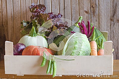 Autumn seasonal vegetables. thanksgiving. new crop, fresh harvest in basket, box on wooden background. Stock Photo