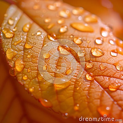 Autumn serenity raindrops gracefully adorning an orange leaf close up Stock Photo