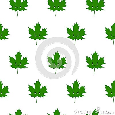 Autumn Set of Cute Green Maple Leaves on White Background, Vector Illustration