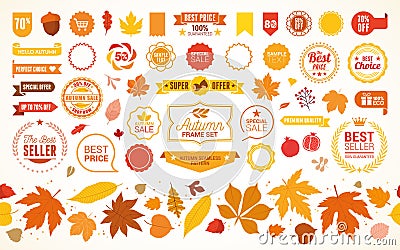 Autumn set, hand drawn elements- calligraphy, fall leaves, sales labels and tags, wreaths, and other. Vector Illustration