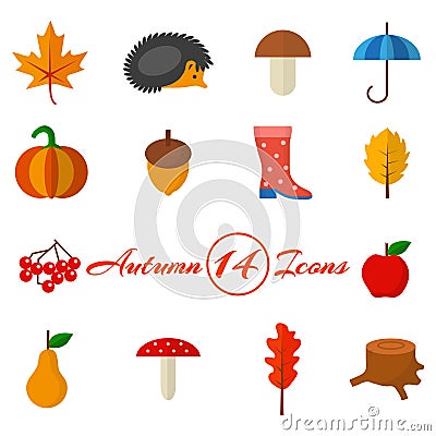 Autumn set of 14 icons in a flat style Vector Illustration