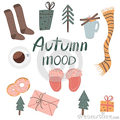 Autumn set of illustrations. Socks, coffee, donuts, cinnamon, presents, Christmas trees, letter, slippers. Cozy and comfort Cartoon Illustration
