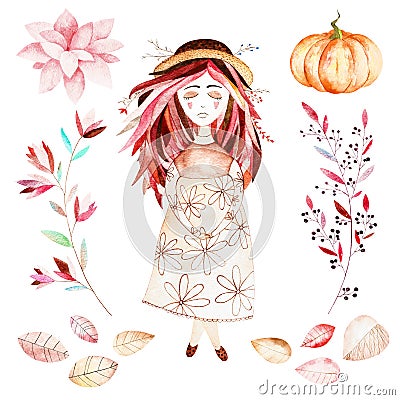 This autumn set included sweet girl,autumn leaves,branches,flower,beautiful pumpkin. Stock Photo