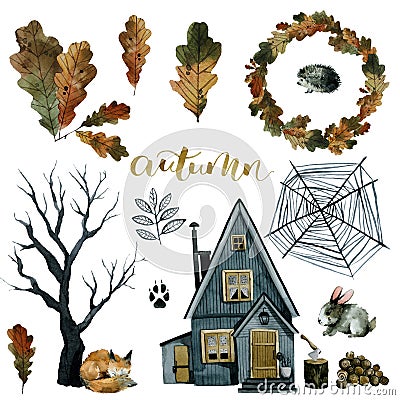 Autumn set, leaves tree, house with spider web and forest animals, watercolor Cartoon Illustration